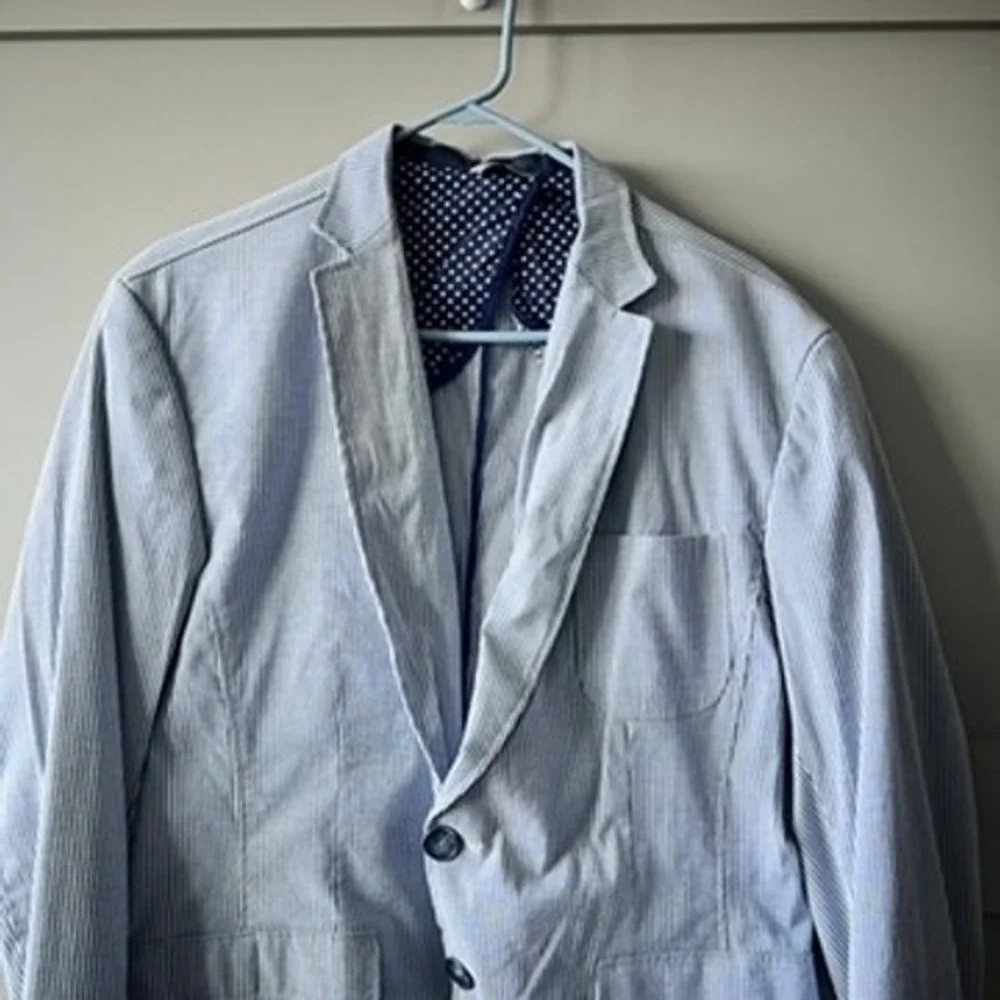 XM Collection Blazer Men Large Blue Pinstripe Seersucker Sport Coat Italy Preppy